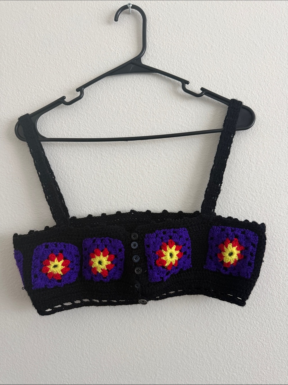 Black Crochet Floral Square Button-Front Crop Top